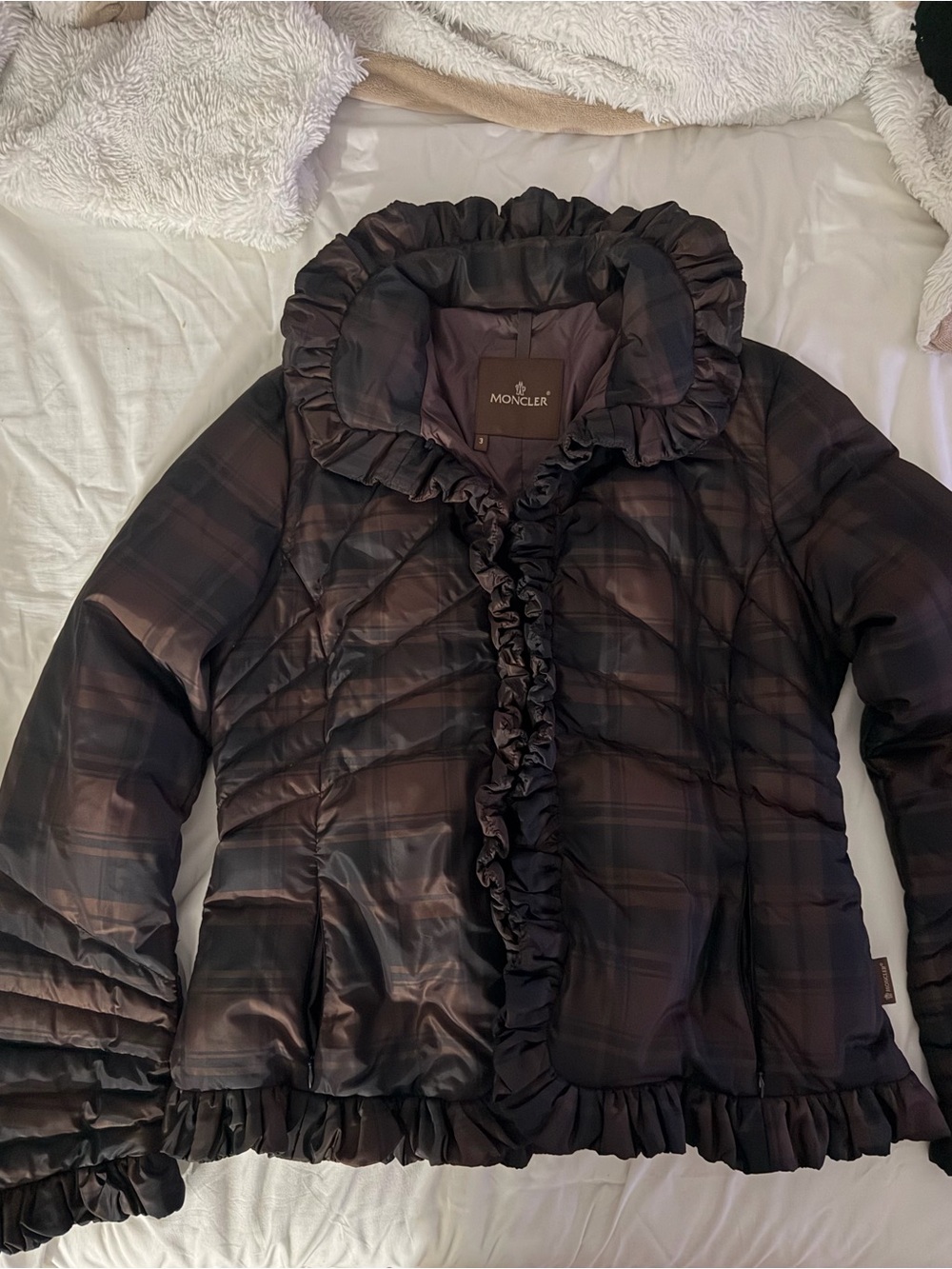 Moncler Dark Plaid Ruffle-Trim Quilted Puffer Jacket